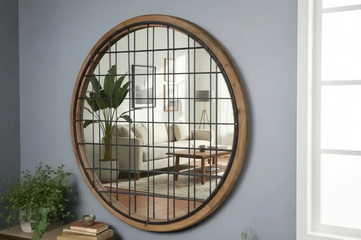 Round wall mirror with grid design on a gray wall, reflecting a living room.
