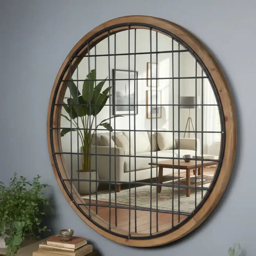 Round wall mirror with grid design in a living room setting