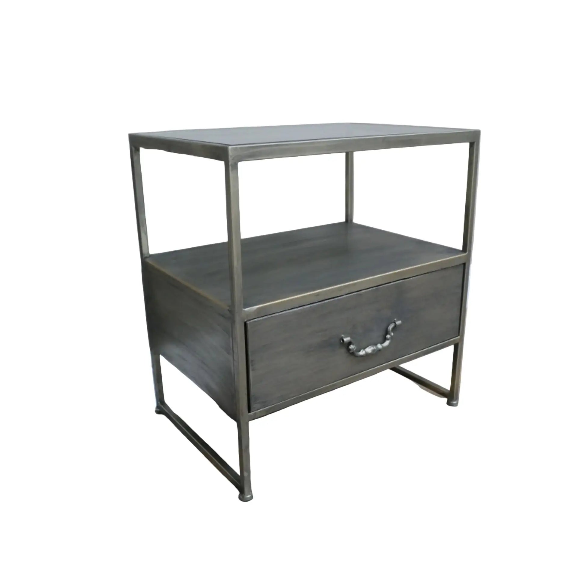 Metal nightstand with a drawer on a wooden floor against a gray wall