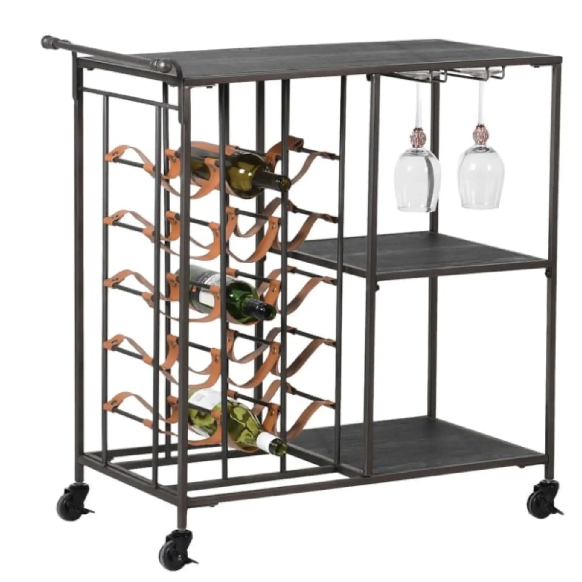 Bar cart with wine bottle holder and glass holders on a white background