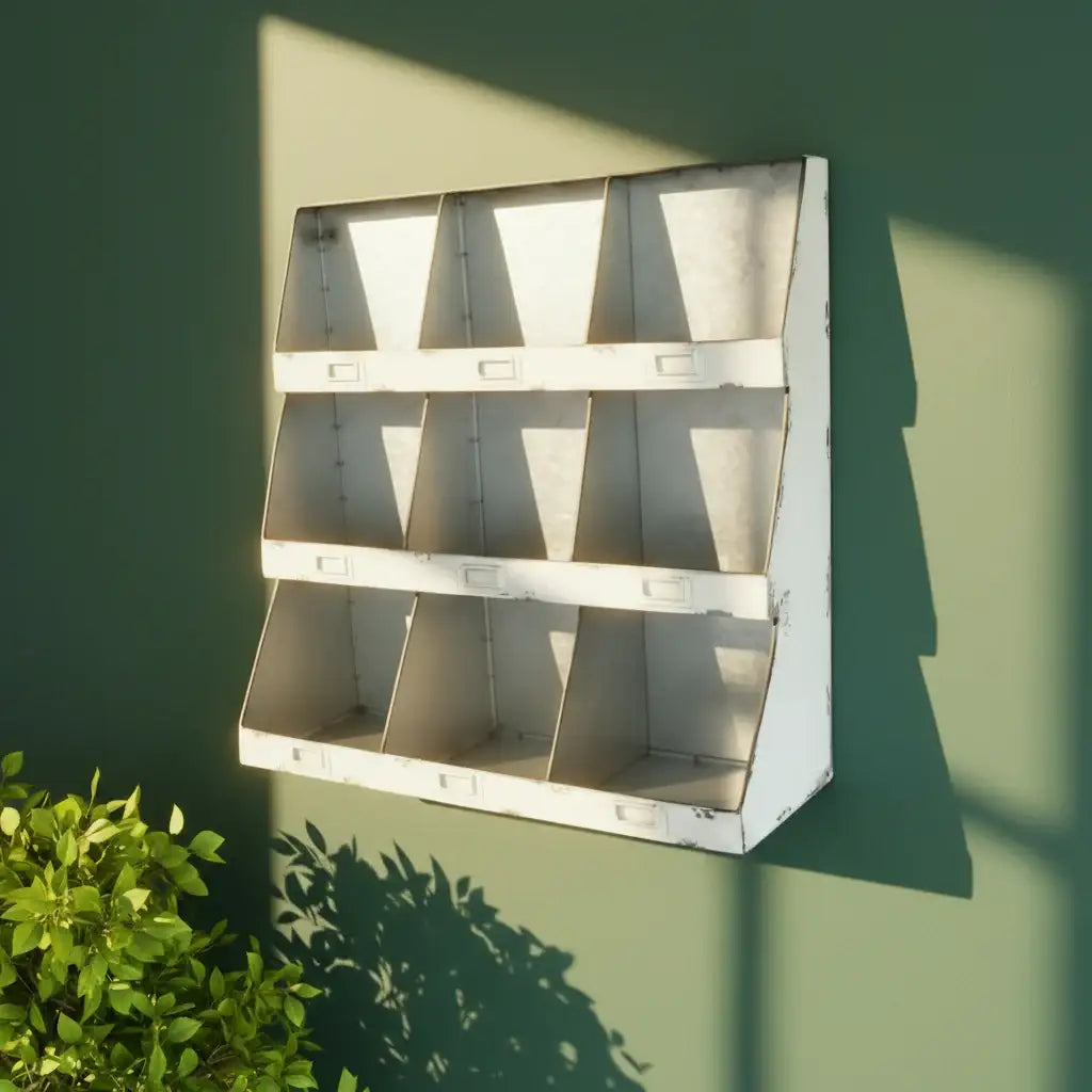 Metal wall shelf against a green wall with plant shadow