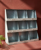 Metal storage shelves against a red wall with a plant on the left.