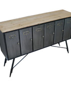 Cabinet with wooden top and metal doors on a wooden floor.