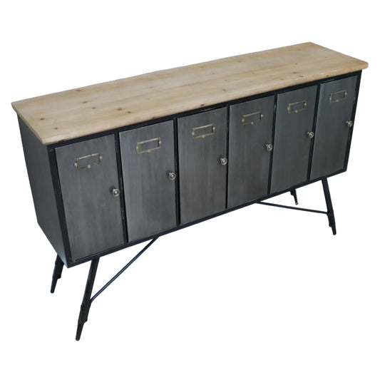 Cabinet with wooden top and metal doors on a wooden floor.