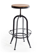 Bar stool with wooden seat and black metal frame on a white background