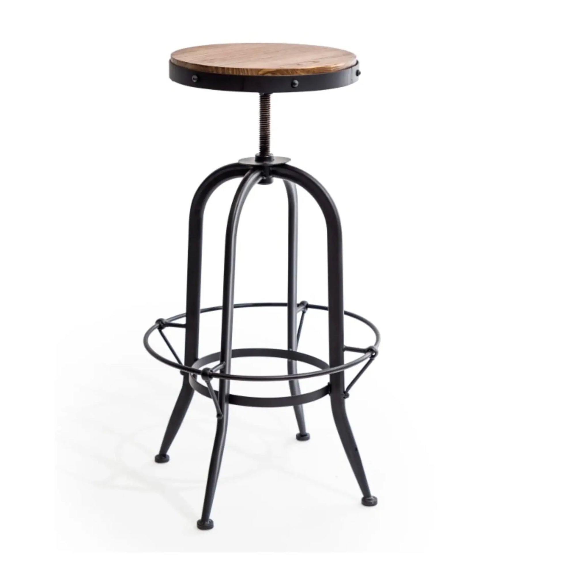 Bar stool with wooden seat and black metal frame on a white background