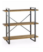 Three-tiered shelf with wooden shelves and metal frame on a white background