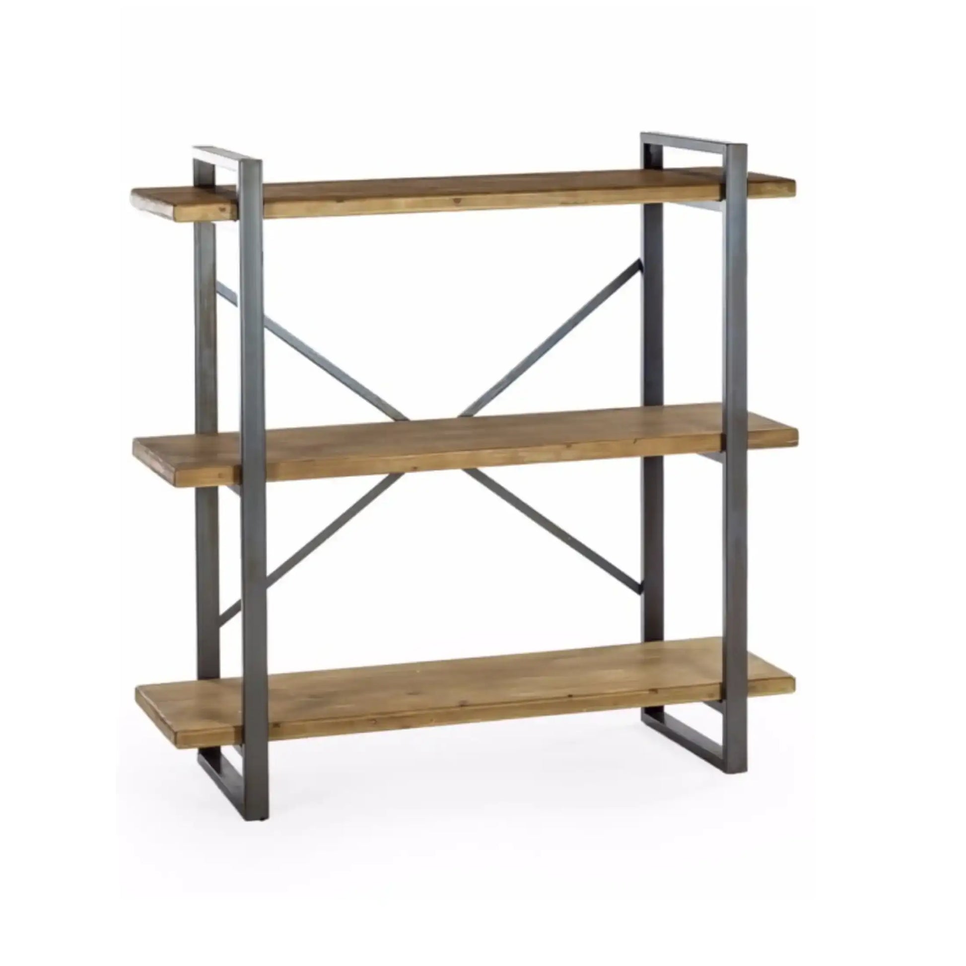 Three-tiered shelf with wooden shelves and metal frame on a white background