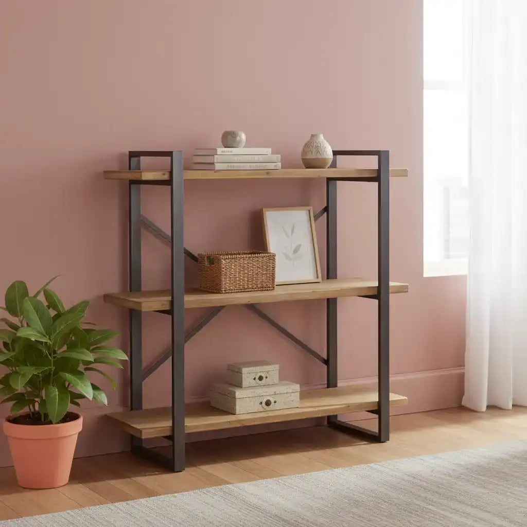 Wooden shelf with decorative items against a pink wall