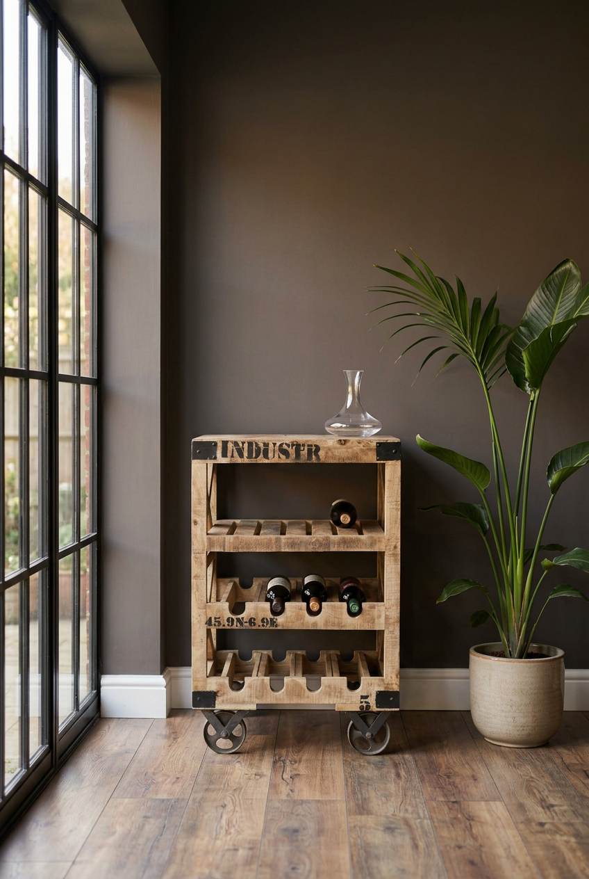 A rustic wooden wine rack cart with casters, styled in a modern room next to a large potted plant and a window.