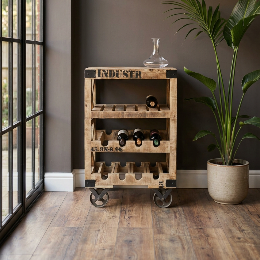 Industrial Wooden Wine Trolley