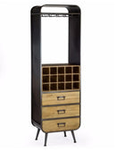 Tall black metal and wooden cabinet with wine rack and drawers on a white background