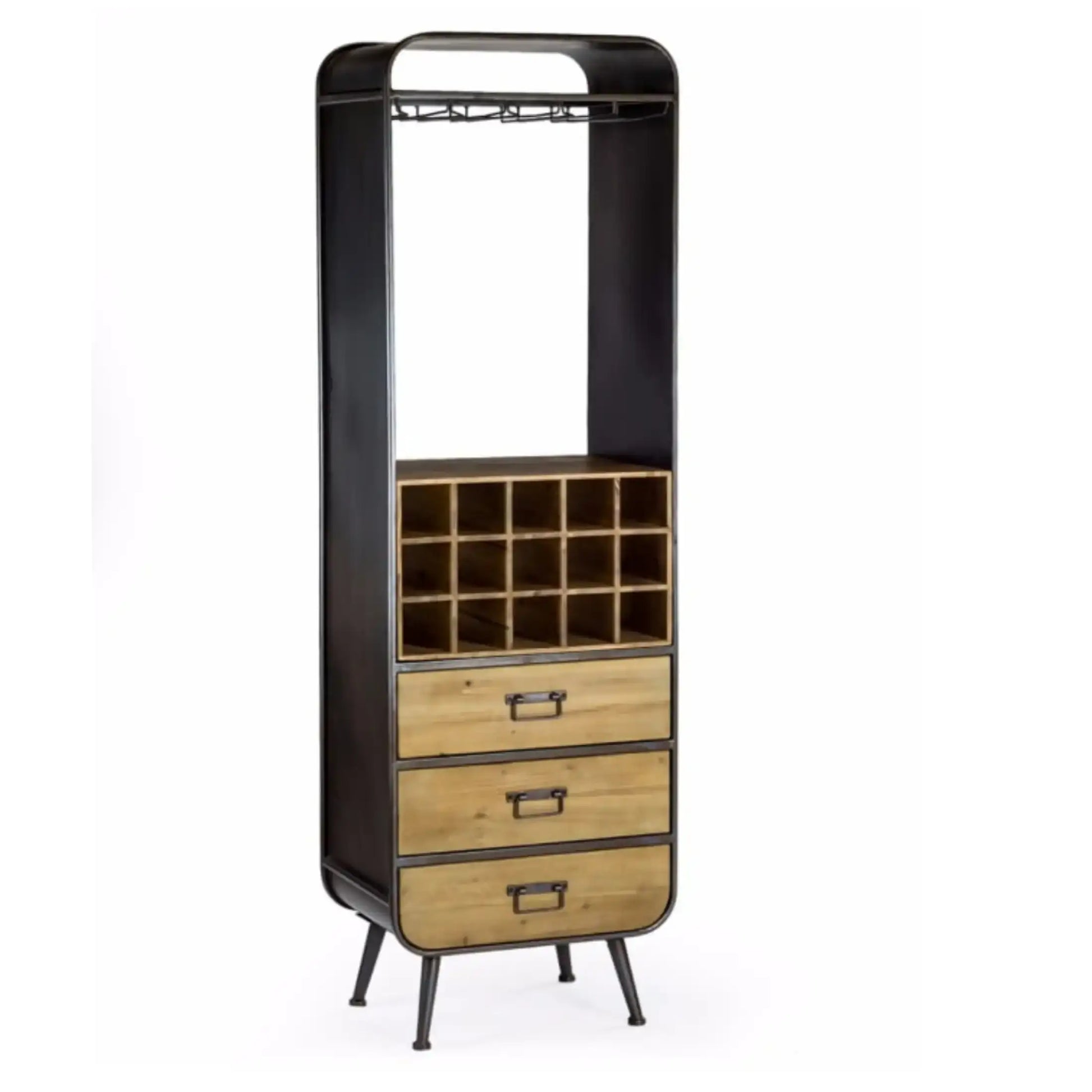 Tall black metal and wooden cabinet with wine rack and drawers on a white background