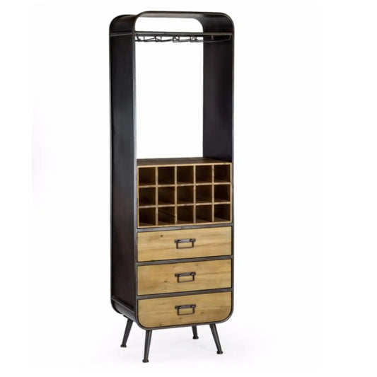 Tall black metal and wooden cabinet with wine rack and drawers on a white background