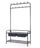 Black metal coat rack with hooks and storage drawers on a white background