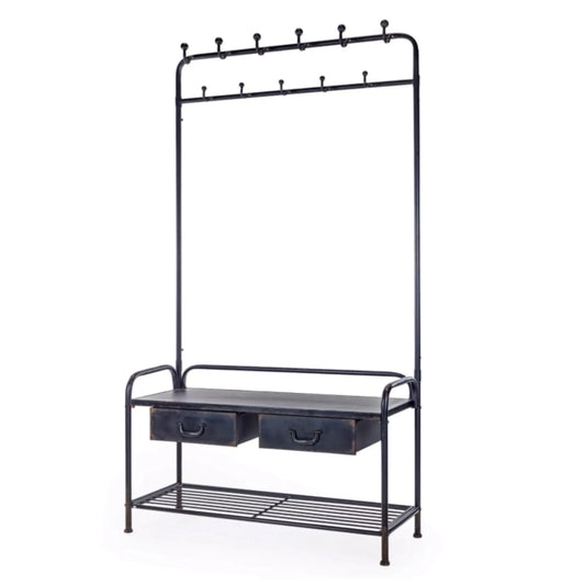 Black metal coat rack with hooks and storage drawers on a white background