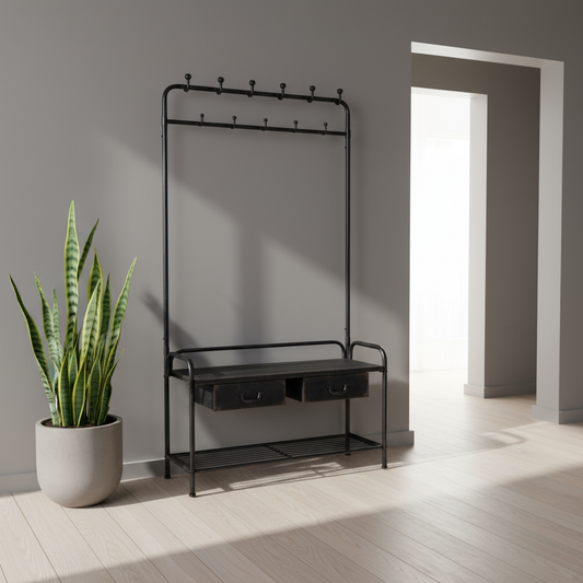 Black metal coat rack with hooks and storage drawers next to a potted plant in a room with a bright light source.