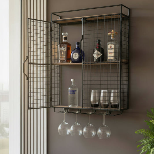 Wall-mounted metal cabinet with liquor bottles and glasses on a neutral background