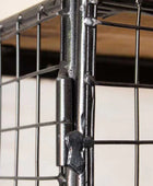 Close-up of a metal wire cage with a latch on a blurred background