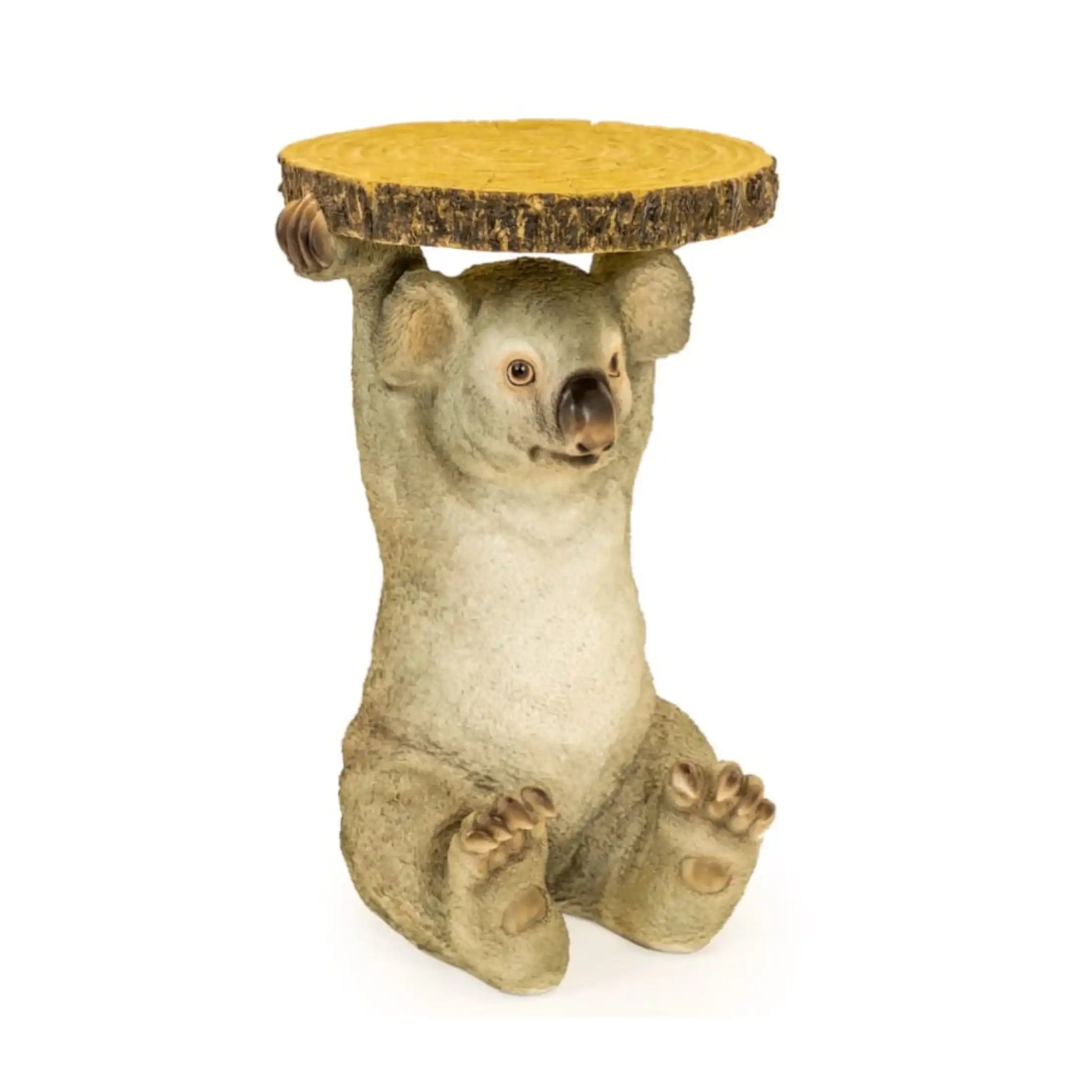 Decorative koala-shaped stool with a round yellow top on a white background
