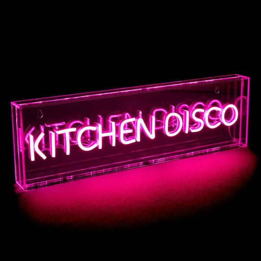 Neon sign with 'KITCHEN DISCO' text on a black background