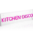 Clear acrylic sign with 'KITCHEN DISCO' in pink text on a white background