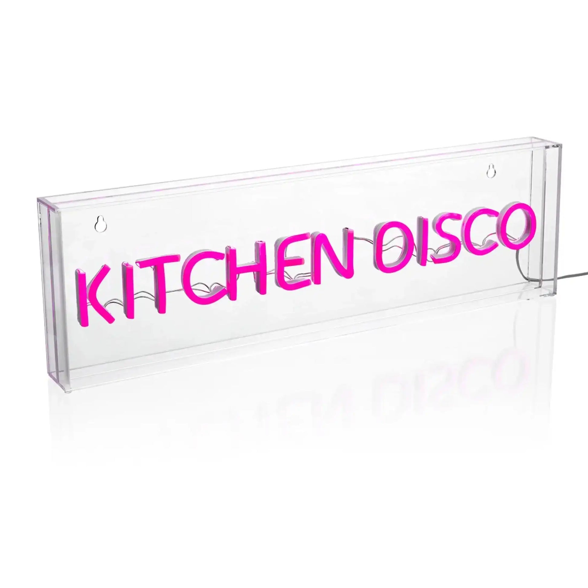 Clear acrylic sign with 'KITCHEN DISCO' in pink text on a white background