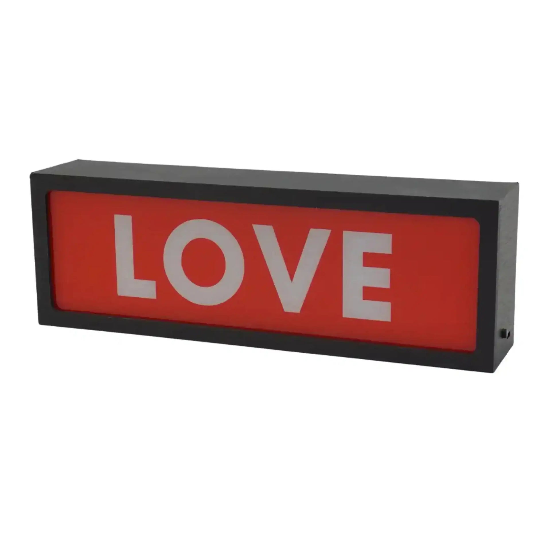 Rectangular sign with 'LOVE' on a red background