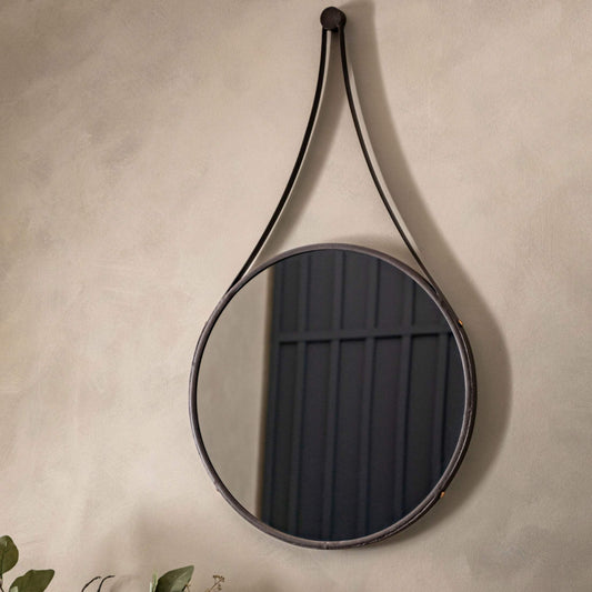 Large Aged Bronze Round Hanging Metal Strap Wall Mirror - The Farthing