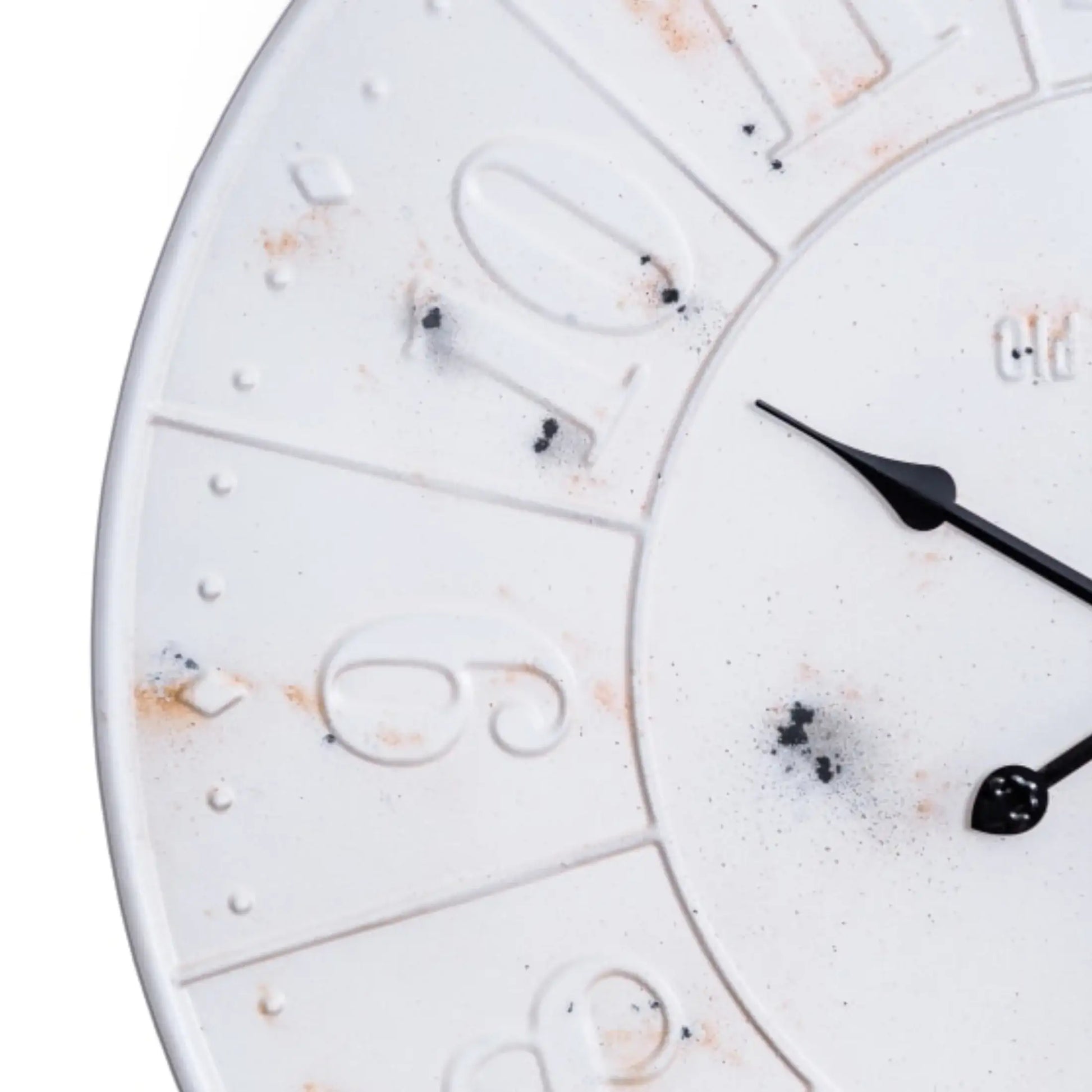 Close-up of a white ceramic clock with black hands on a white background