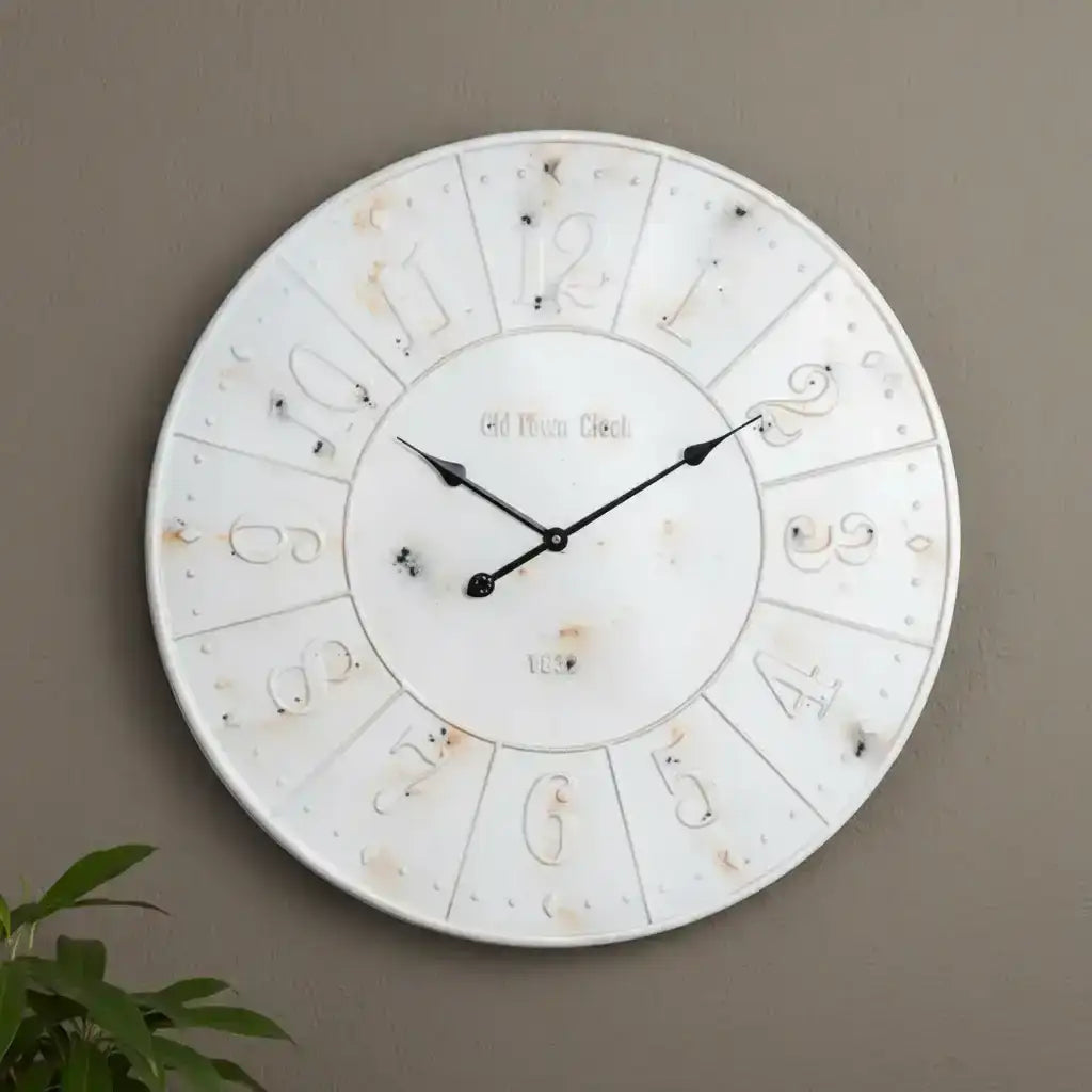 Large Aged White Industrial Metal Clock | shabby chic