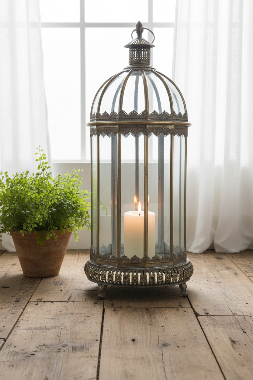 A vintage-style metal birdcage lantern with a lit white pillar candle inside, placed on a rustic wooden floor in front of sheer white curtains. A small green potted plant sits to the left.