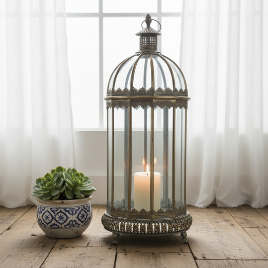 A tall vintage-style metal birdcage lantern with a lit white pillar candle inside, placed on a rustic wooden floor next to a small potted succulent in front of sheer white curtains.