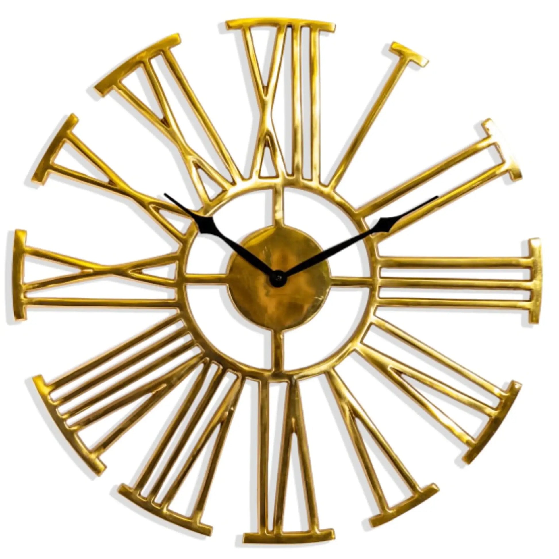 Gold wall clock with Roman numeral design on a white background