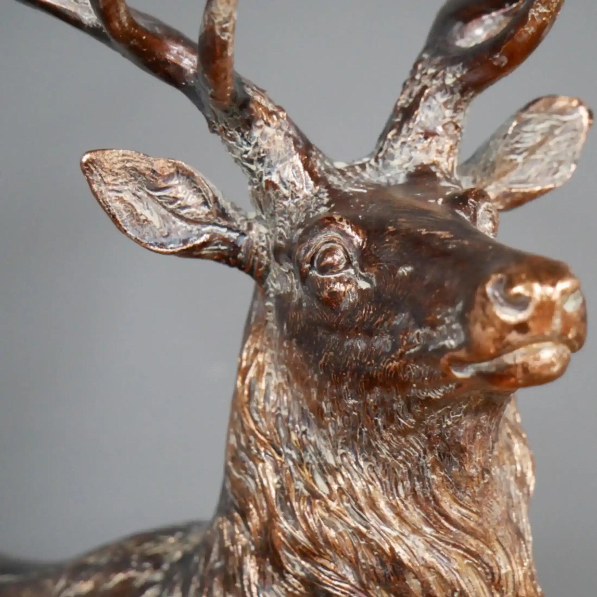 Bronze deer statue with detailed antlers on a gray background