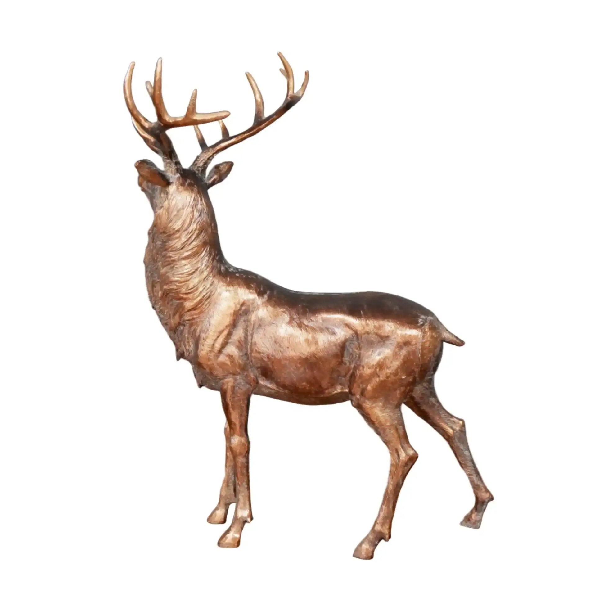Bronze deer statue on a wooden surface with a gray background