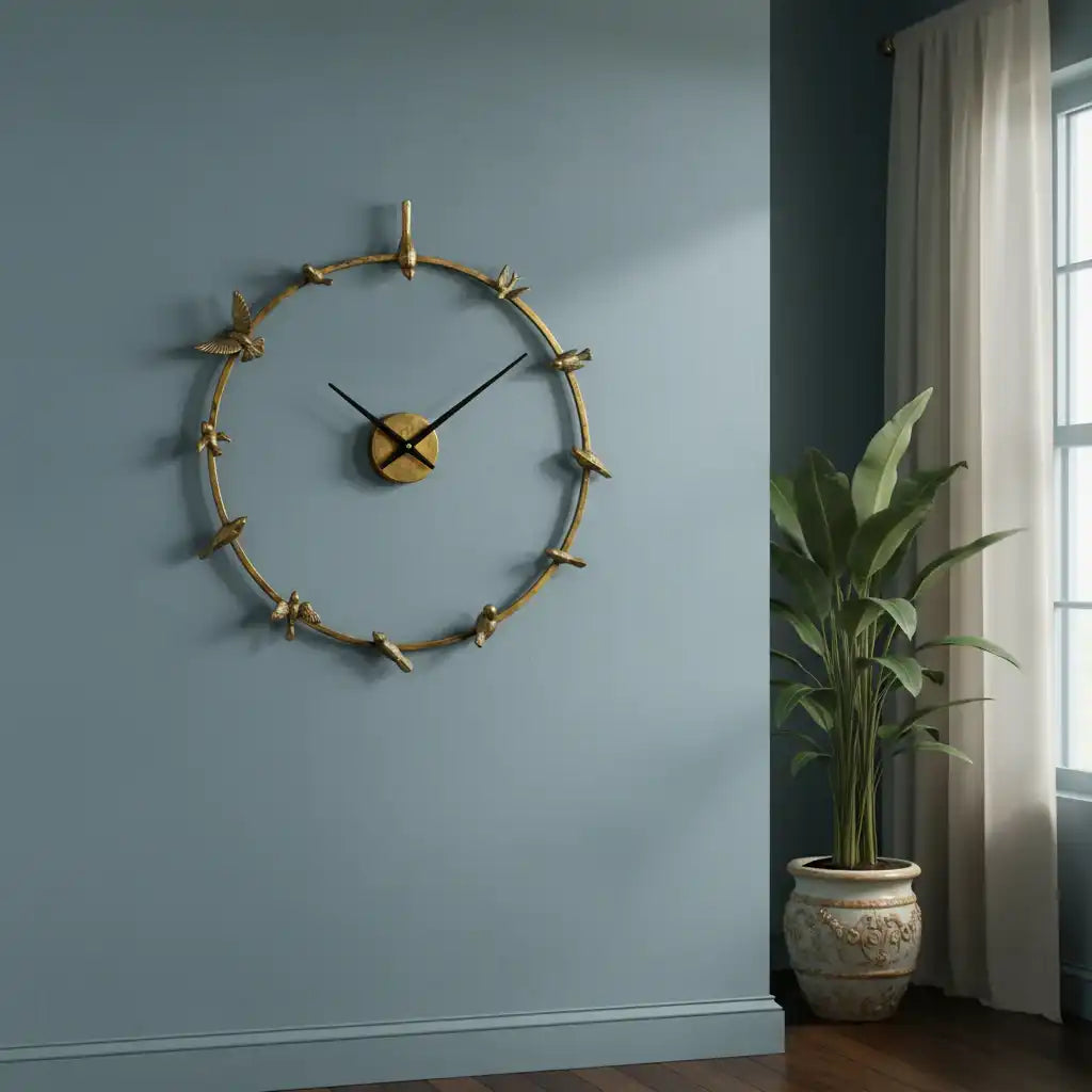 Gold wall clock on a blue wall with a plant in the corner