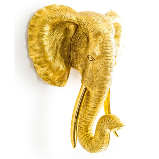 Gold elephant head wall decoration on a white background