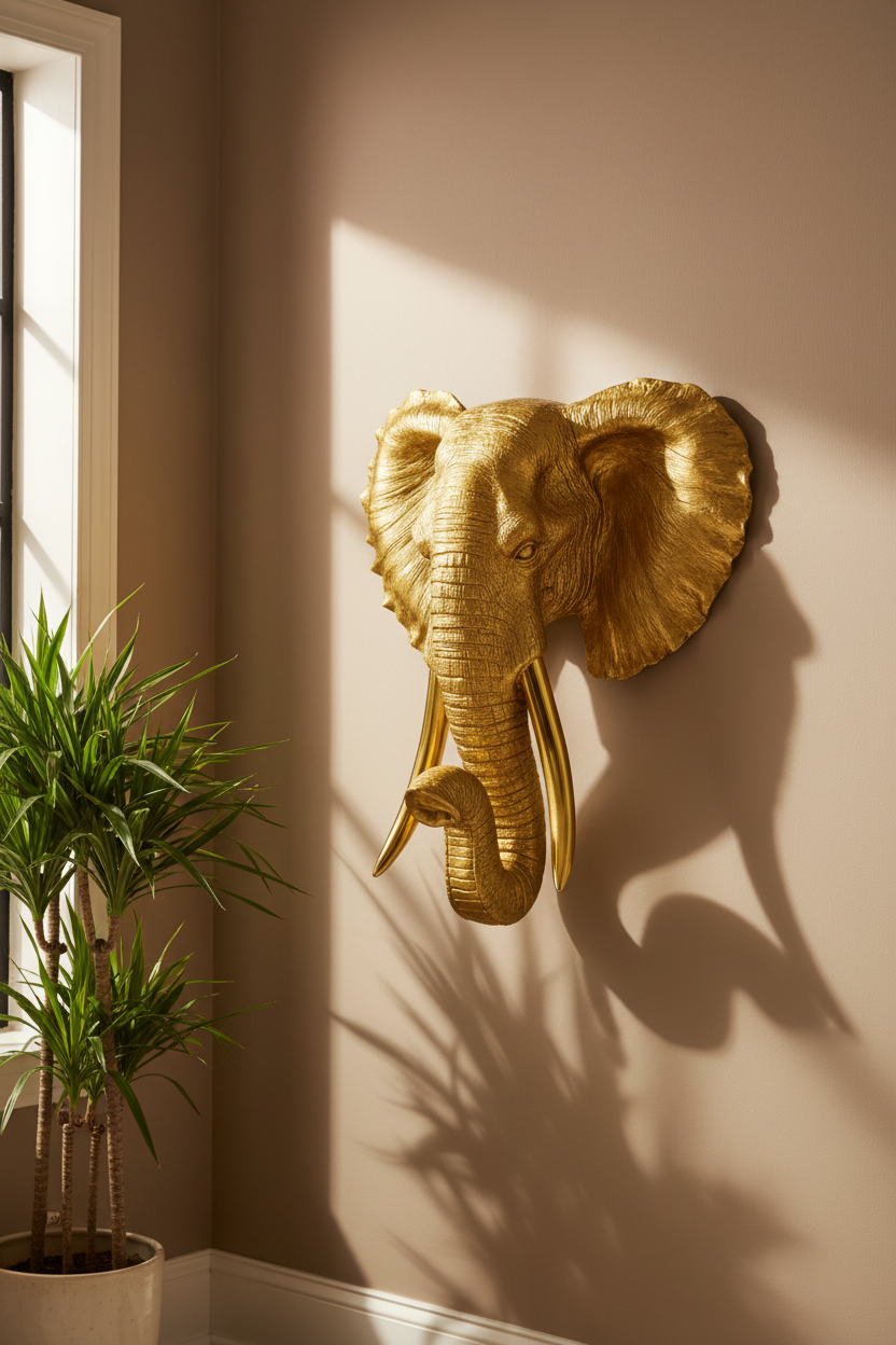 Gold elephant head sculpture on a wall with a plant in the corner