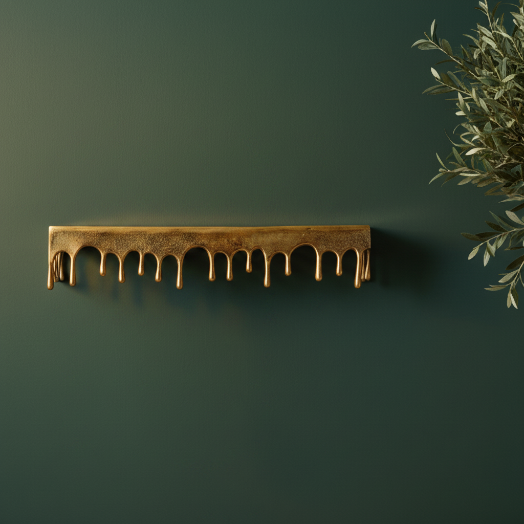 Decorative gold shelf with plants against a dark green wall