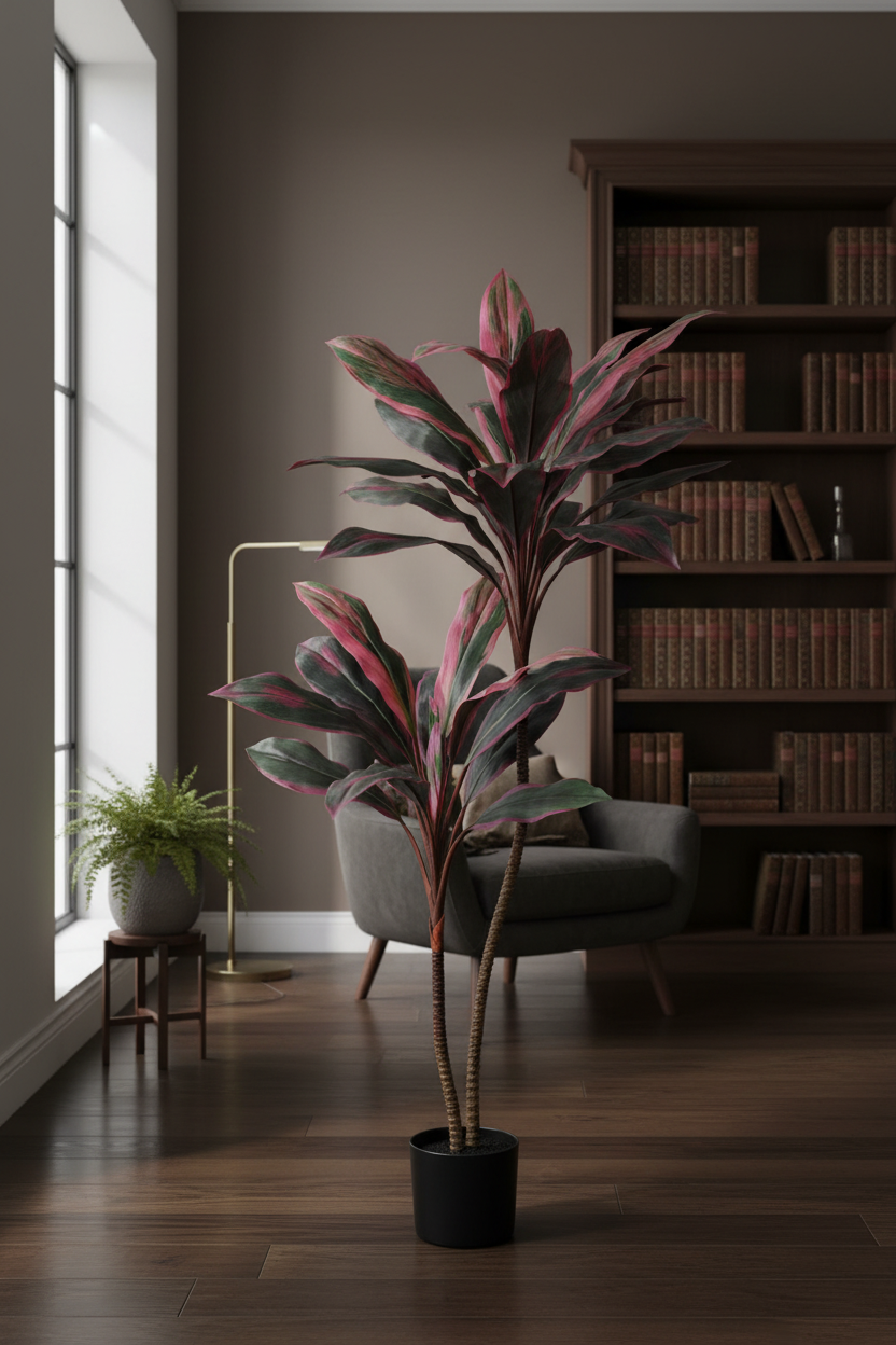 Potted plant in a room with a bookshelf and window