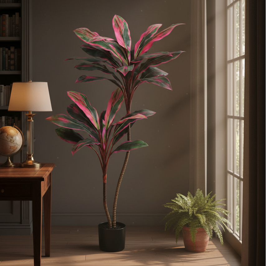 Decorative plant in a room with a desk, lamp, and bookshelf.