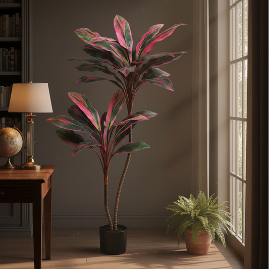 Decorative plant in a room with a desk, lamp, and bookshelf.