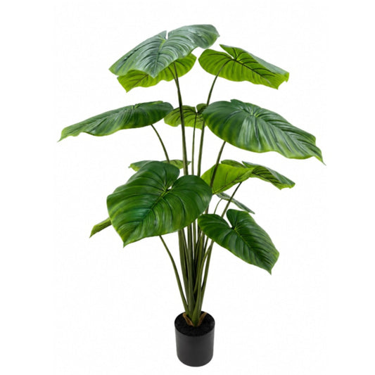 An artificial monstera plant with large green leaves in a black pot, isolated on a white background.