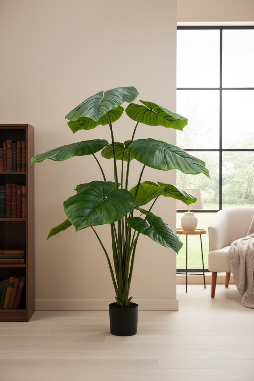 A large artificial monstera plant in a black pot, styled in a bright, modern room next to a bookshelf and window.