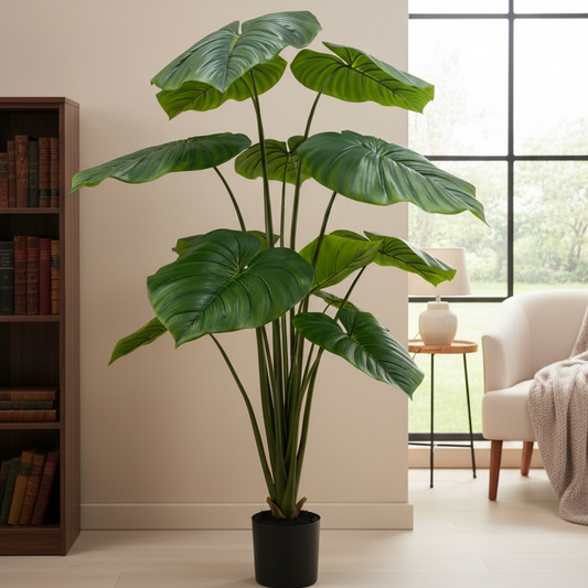 A large artificial monstera plant with glossy green leaves in a black pot, placed in a modern living room setting next to a bookshelf and window.