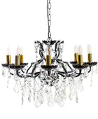 Chandelier with crystal accents and gold candle-like lights on a white background
