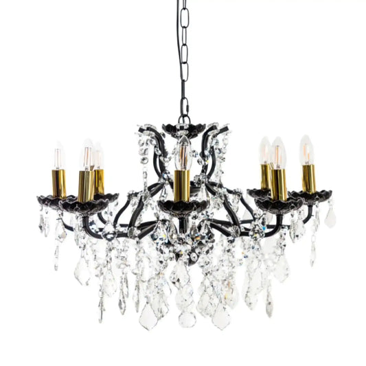 Chandelier with crystal accents and gold candle-like lights on a white background