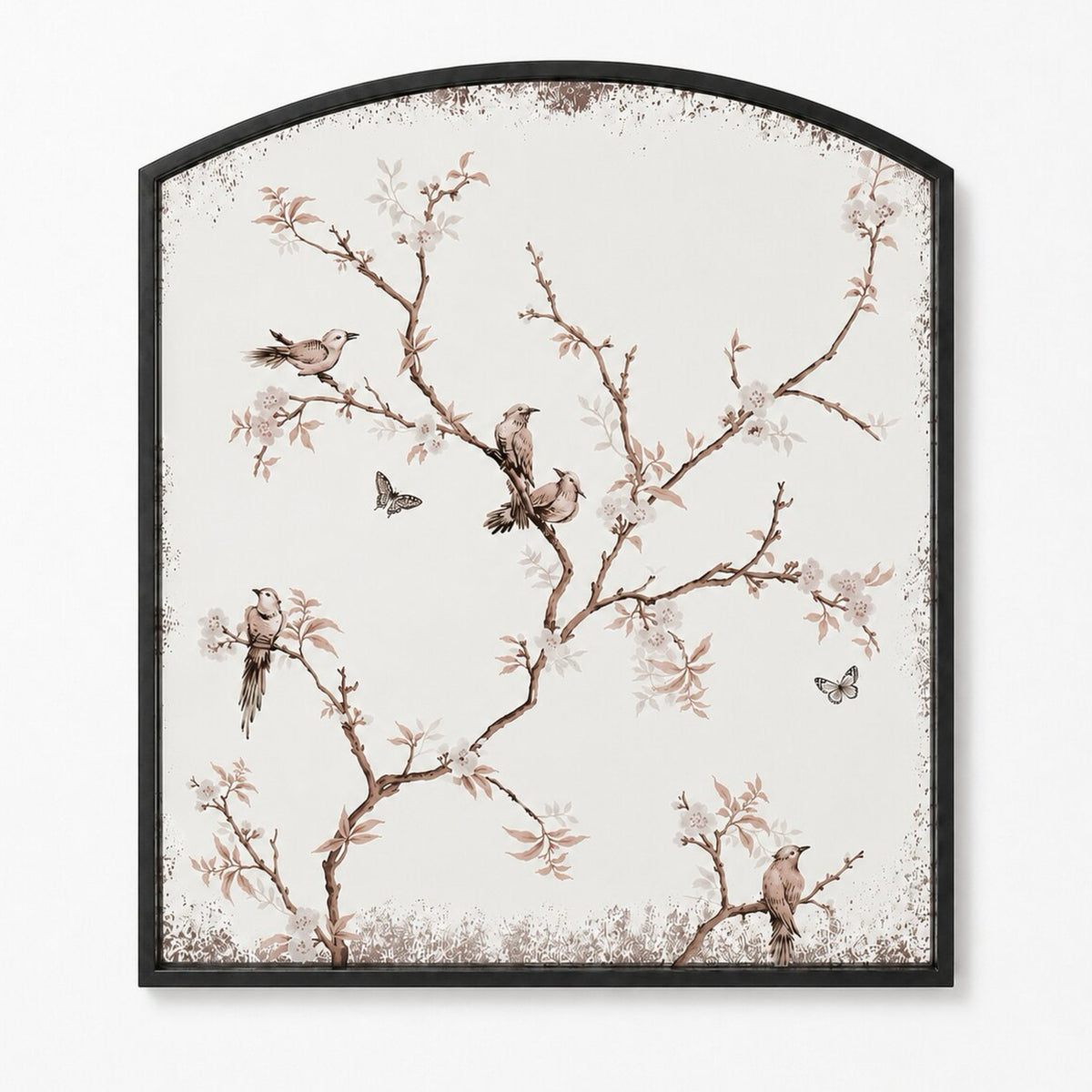 Arched framed wall art featuring a delicate bird and blossom illustration on a warm off-white background, enclosed in a thin black frame.