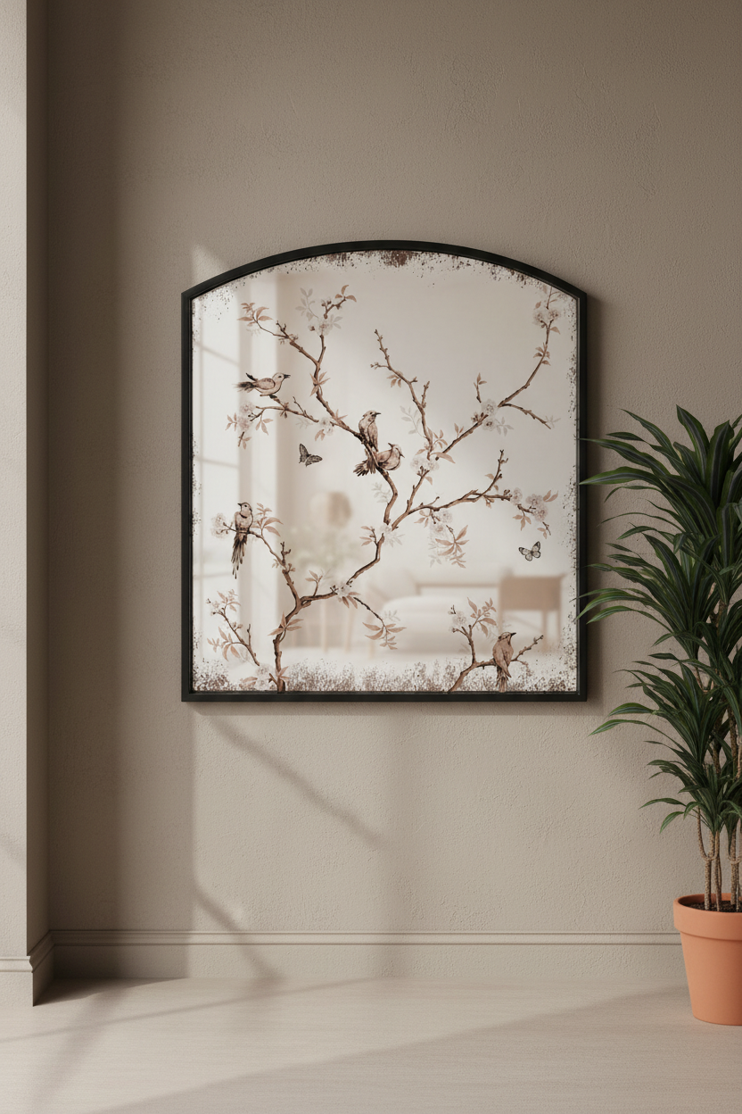 Arched wall mirror with a black frame and a delicate floral branch print, hanging on a beige wall next to a potted plant.